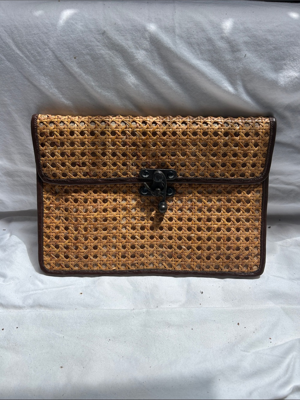 Woven Rattan Briefcase Clutch in Natural Brown